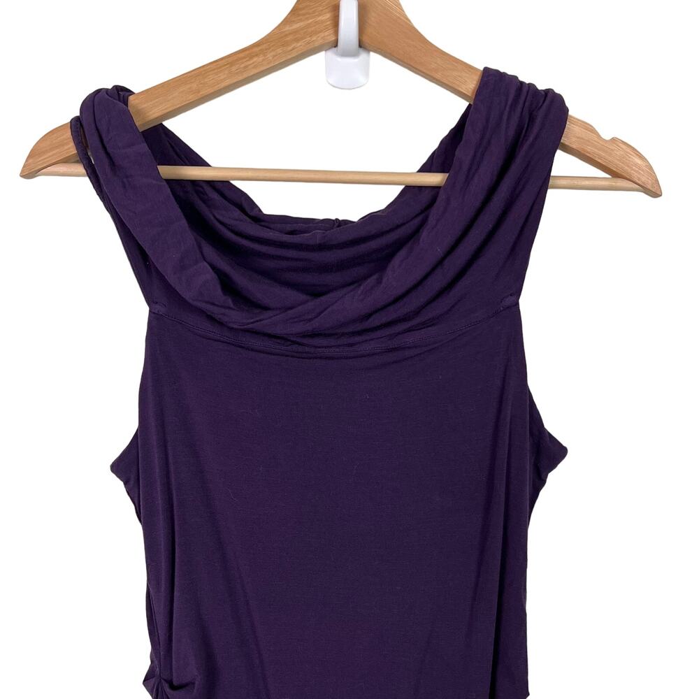 Theory Purple Cowl Neck Ruched Side Body Con Midi Dress Size Medium - Picture 2 of 11
